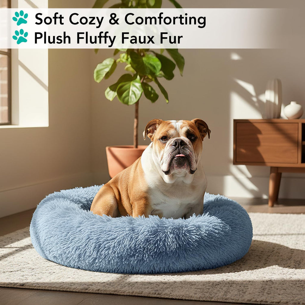 petami calming donut dog bed, washable faux fur shown in use