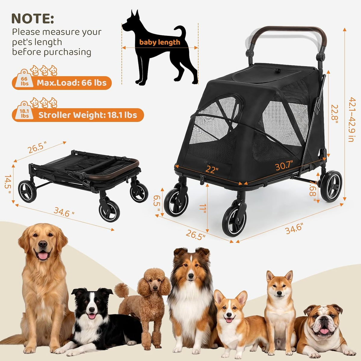 mamizo foldable dog stroller for large & medium, close-up detail