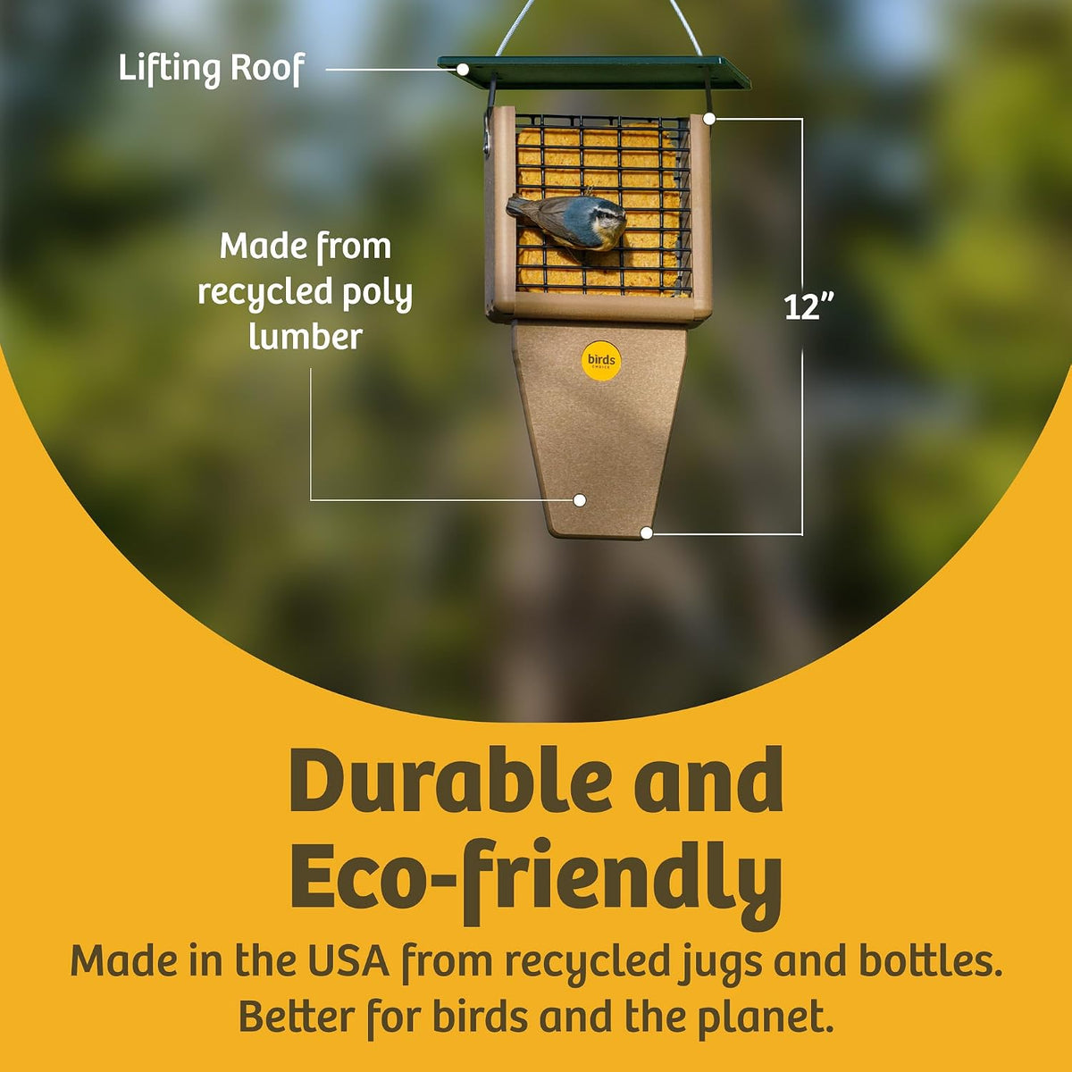 birds choice suet feeder with tail prop and showing dimensions