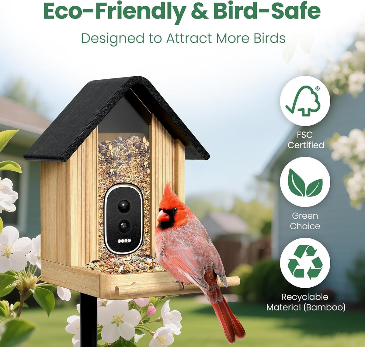 smart bird feeder camera with solar panel, bamboo, side view