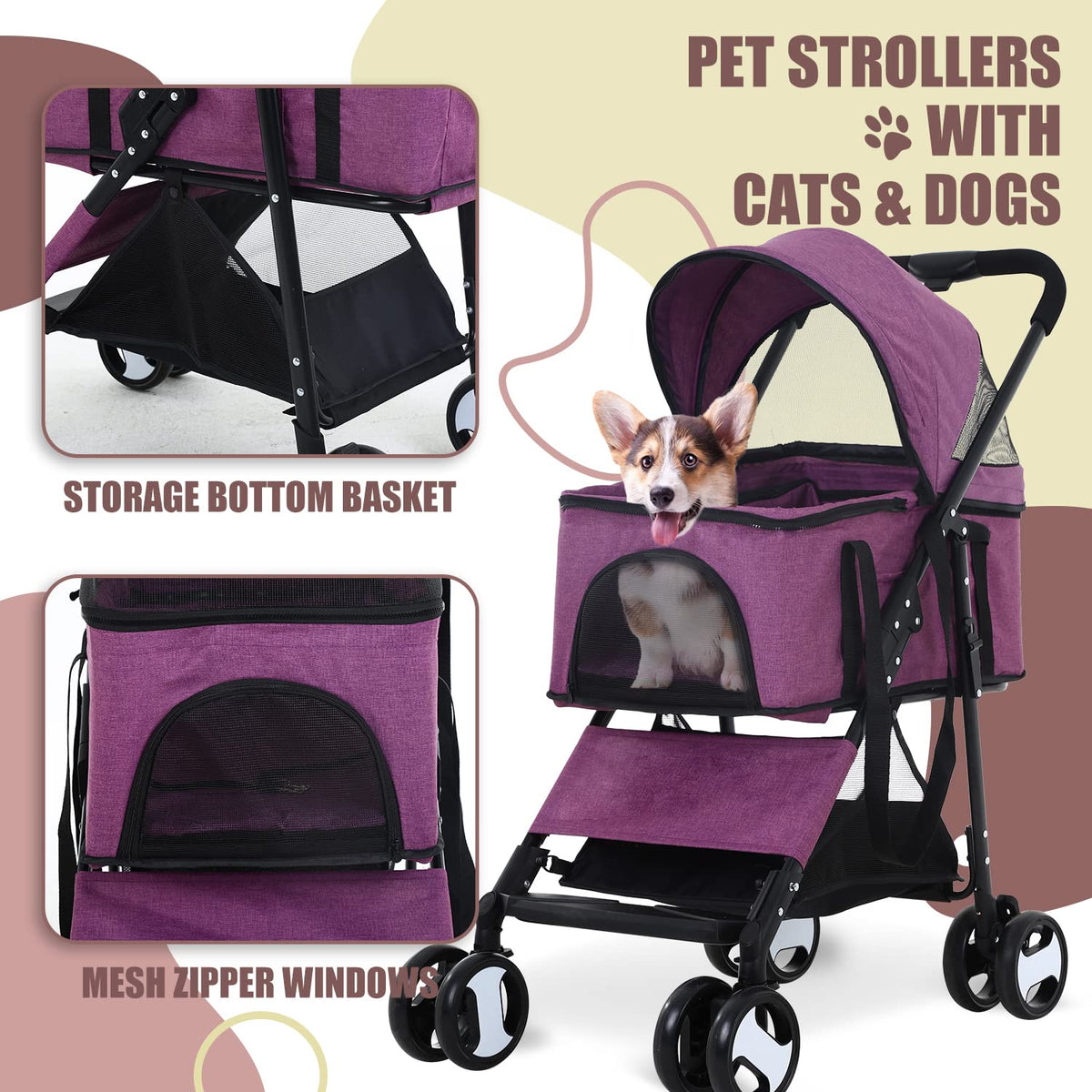dog stroller 3-in-1 folding dog stroller for medium, side view