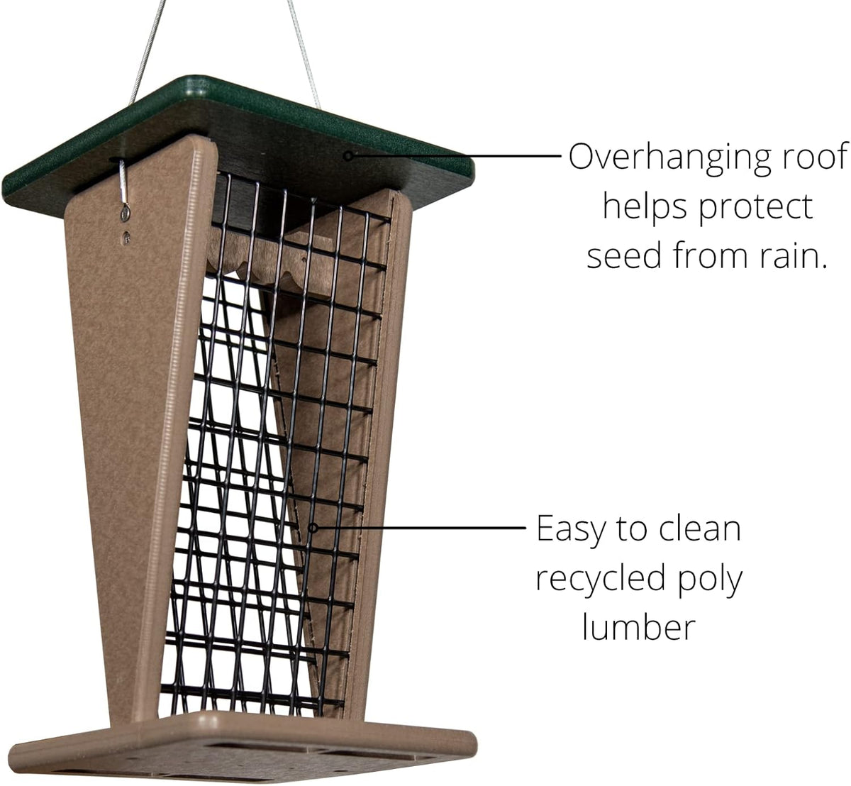 jcs wildlife poly lumber hanging whole peanut feeder, side view