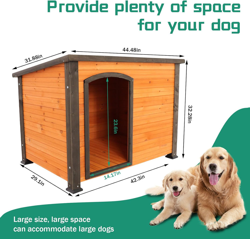44.5" l extra large dog house outdoor weatherproof shown in use
