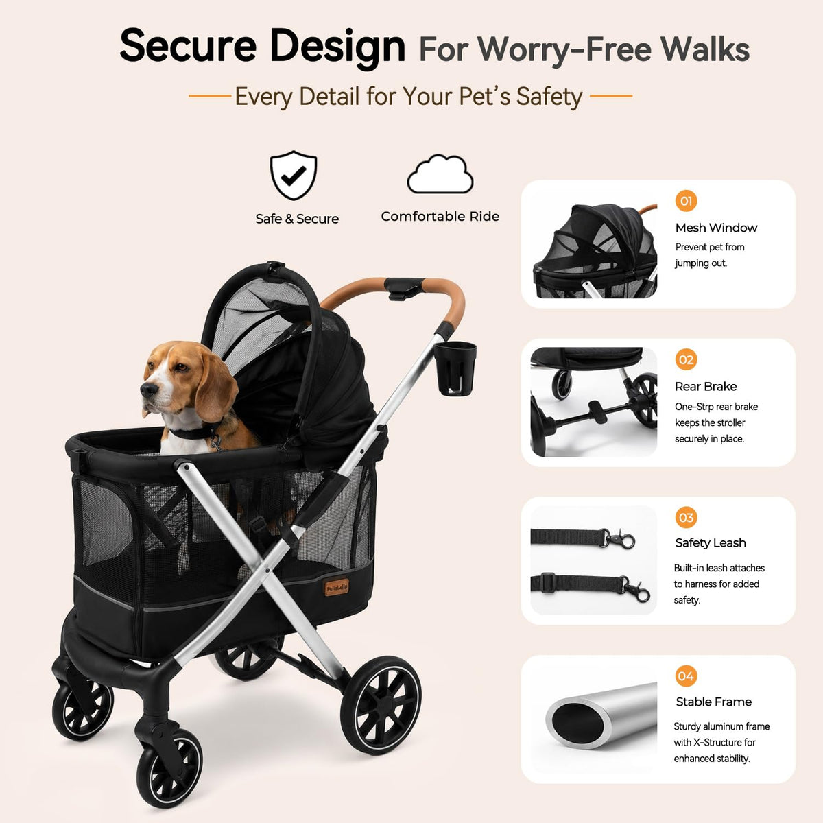 dog stroller for medium and small dogs, lightweight, close-up detail