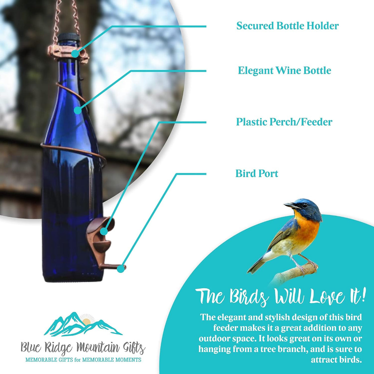 blue ridge mountain wine bottle bird feeders, backyard shown in use