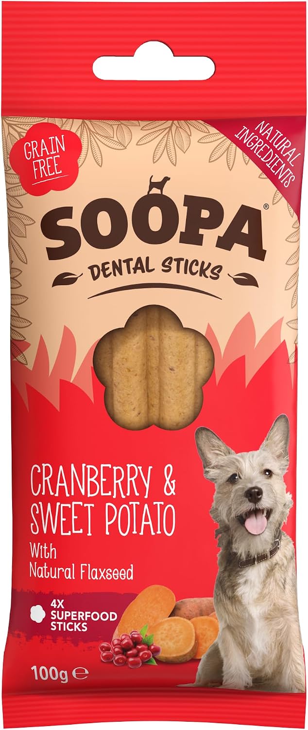 soopa pets cranberry and sweet potato dental dog shown in use
