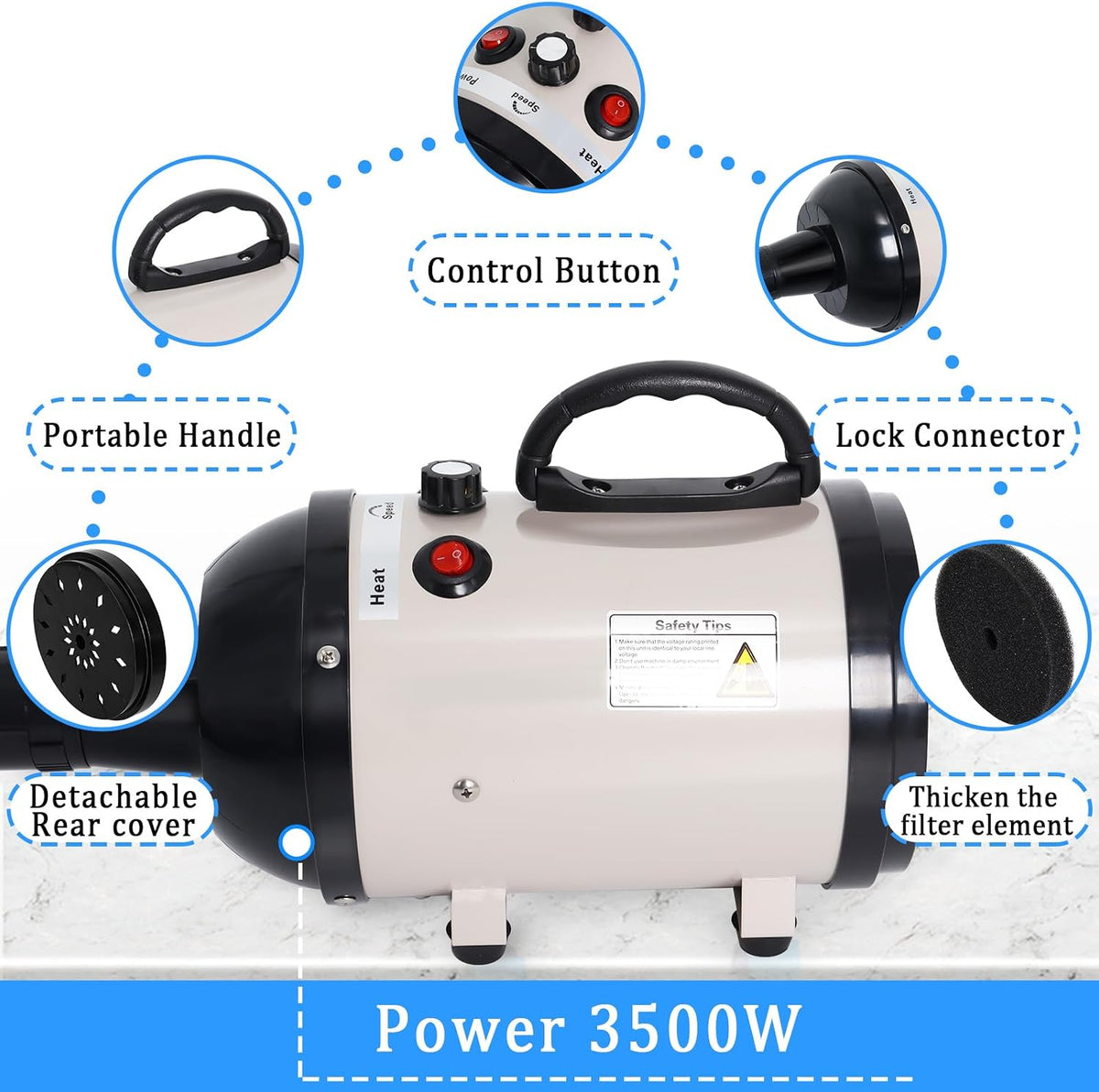 dog dryer for large dogs, 5.2hp 3800w high, close-up detail
