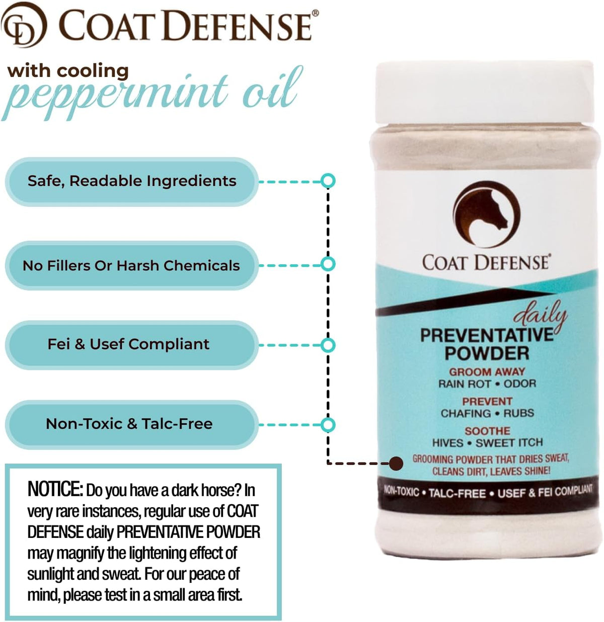 coat defense daily preventative powder & rain rot, close-up detail