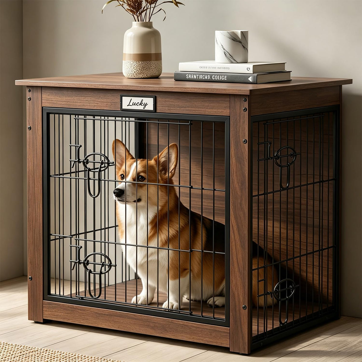 walnut dog crate furniture with reversible side door, main product view