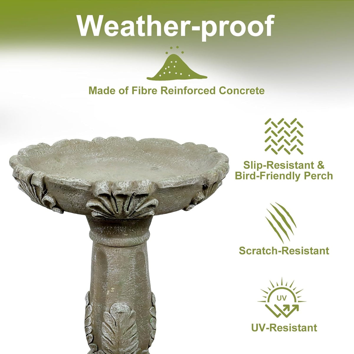 sunjet 23.6" outdoor fibre reinforced concrete birdbath, bird, close-up detail