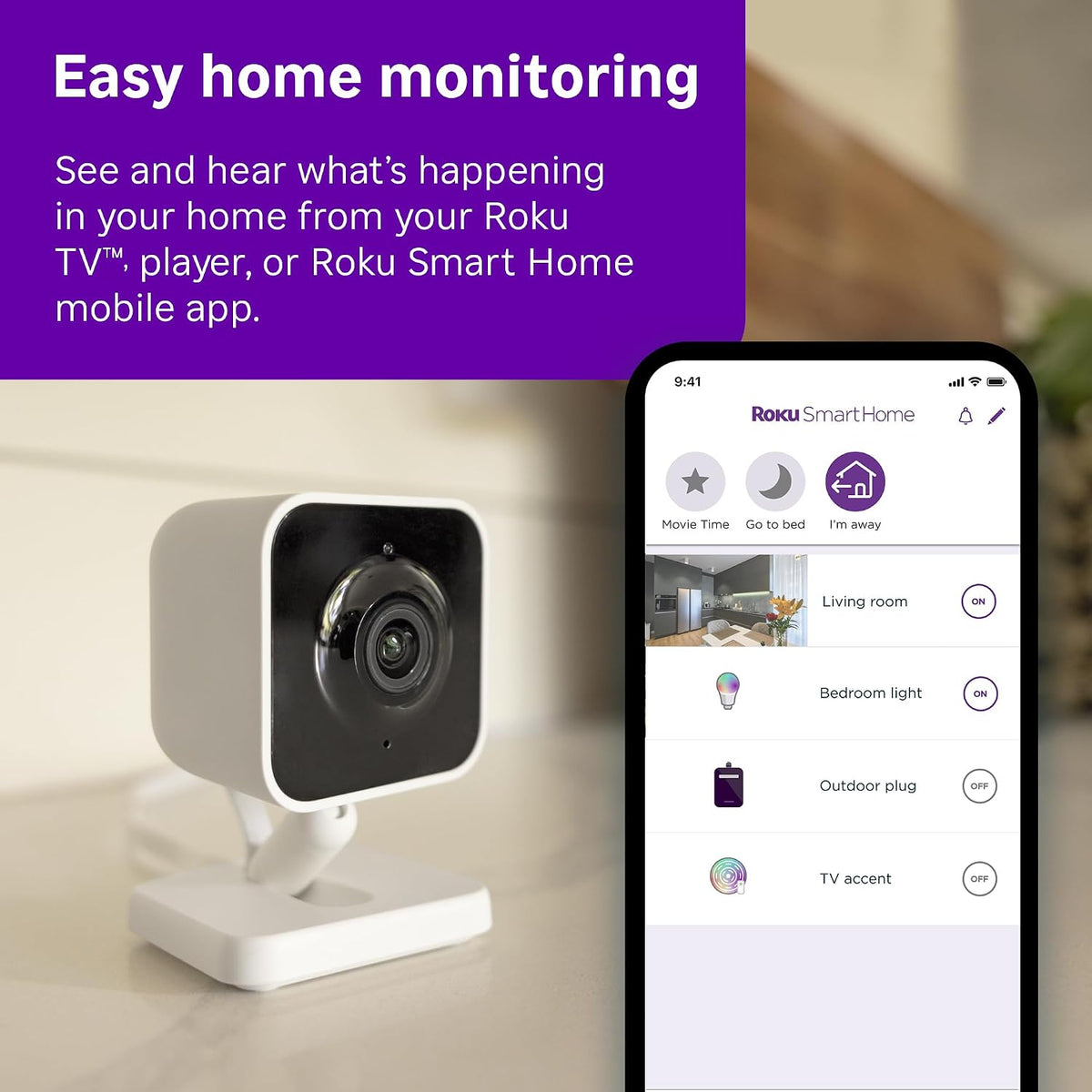 roku indoor camera, home security with 1080p hd shown in use