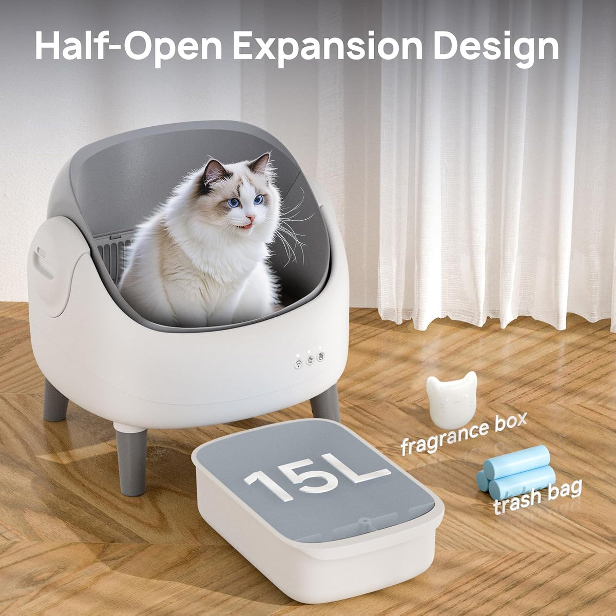 open-top automatic cat litter box, self cleaning litter shown in use