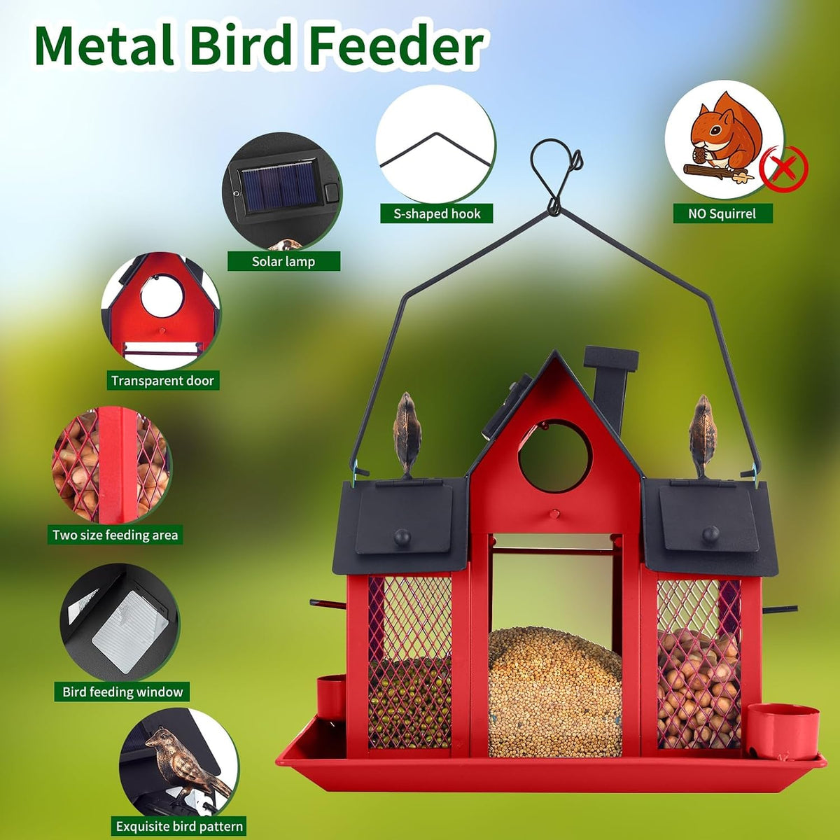 solar bird feeders house for outside hanging, metal, close-up detail