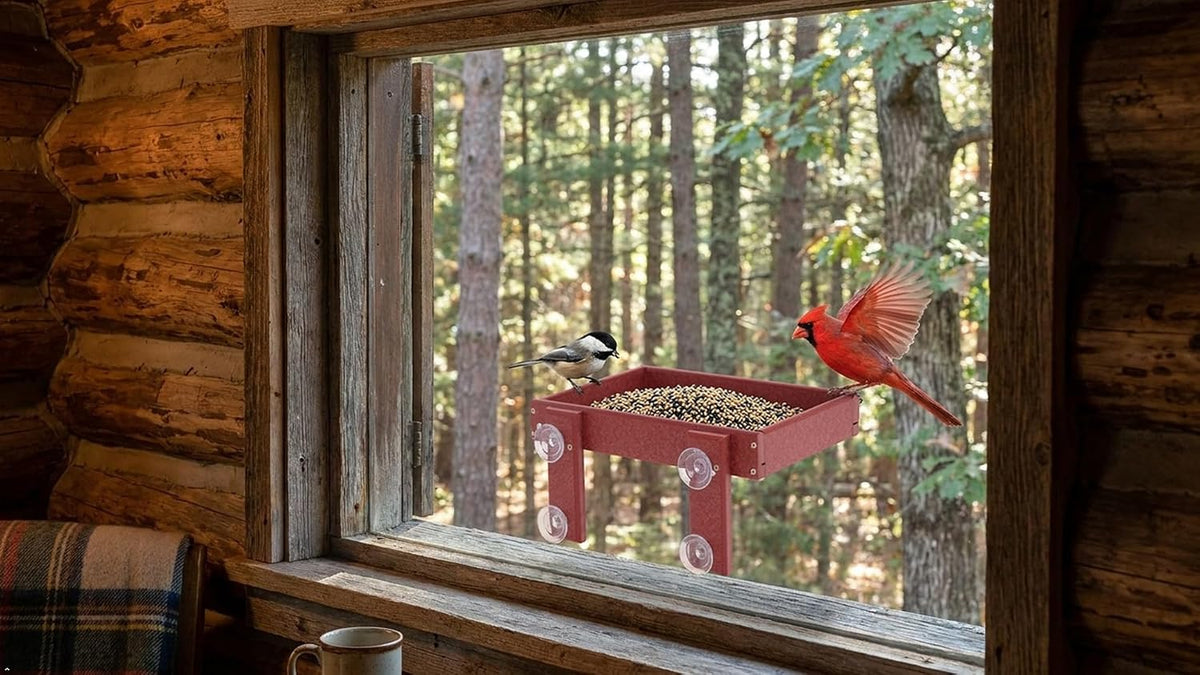 window mount bird feeder, cherry wood shown in use