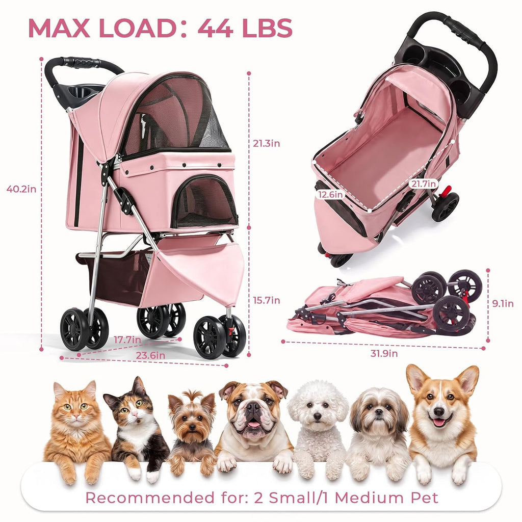 pet stroller for small medium cats dogs, 3-wheel shown in use