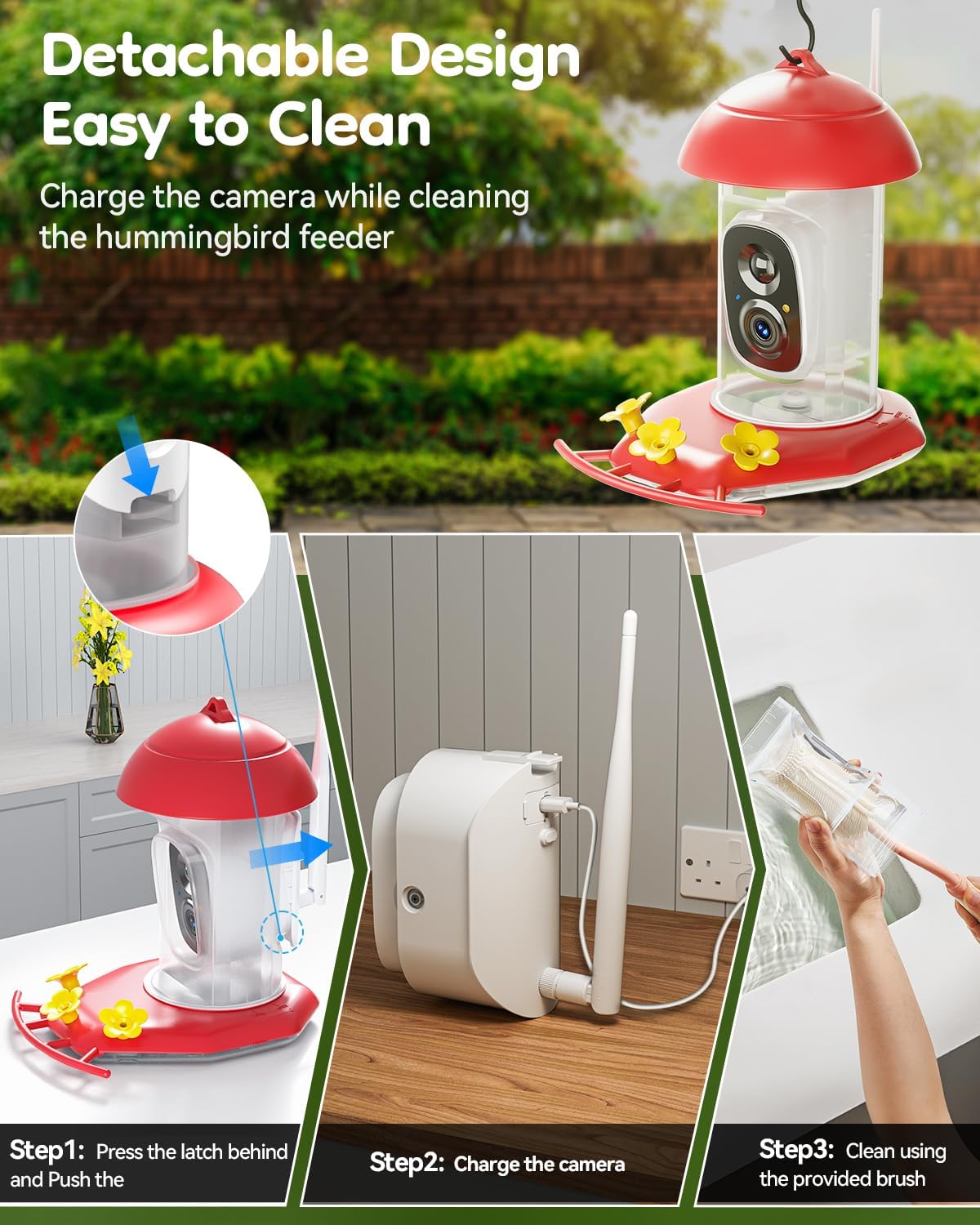 solar hummingbird feeder with camera for outdoors, 2k showing dimensions