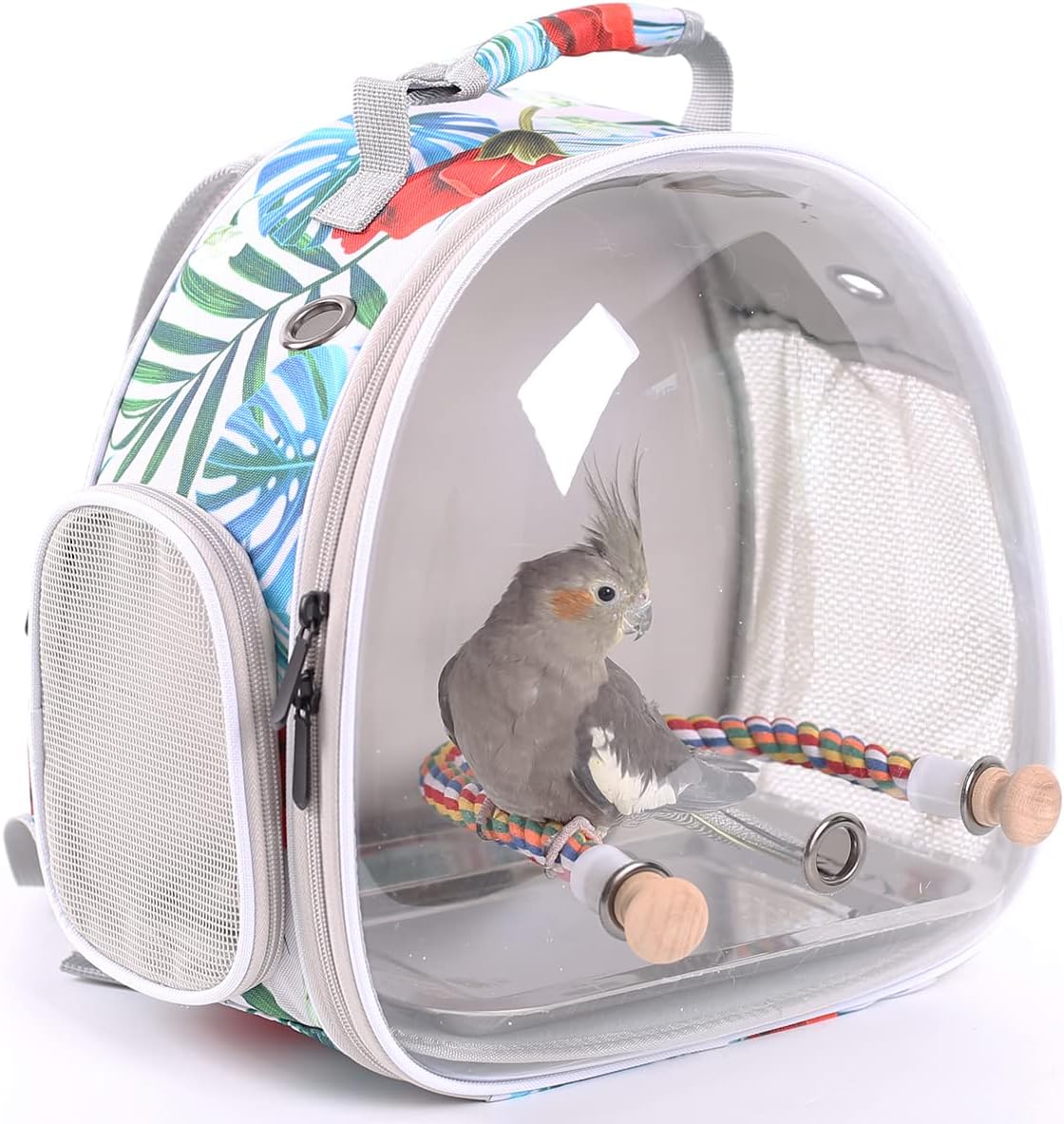 bird carrier backpack with rope perch, portable bird, side view