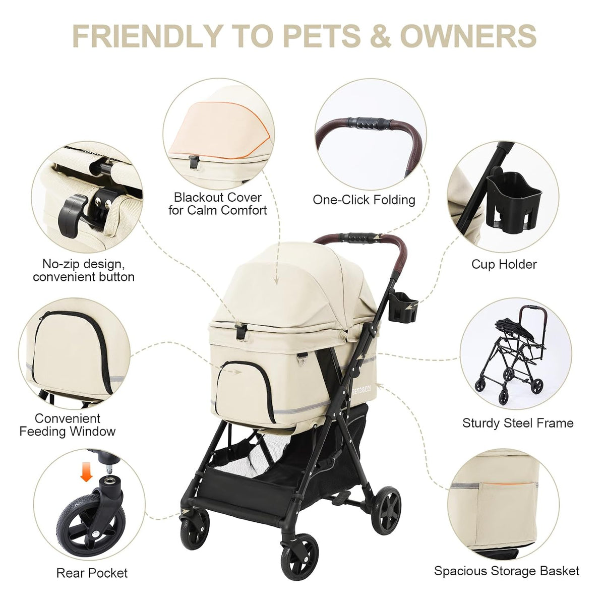 dog stroller with no-zip buckle canopy, fits 2, package contents