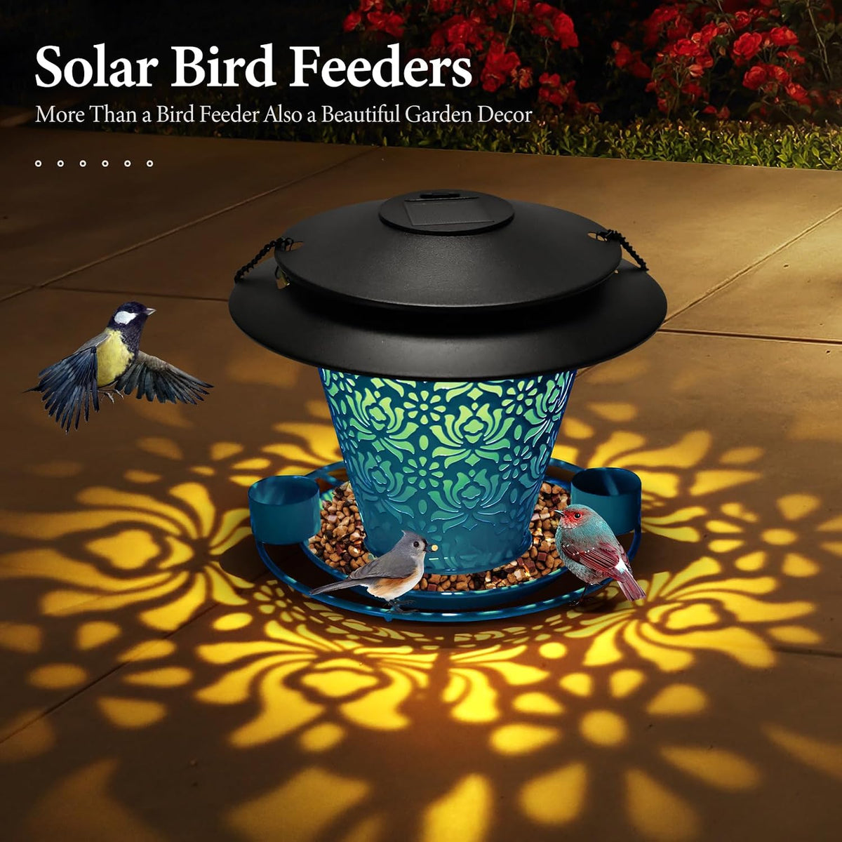 solar bird feeders for outside hanging metal wild, close-up detail