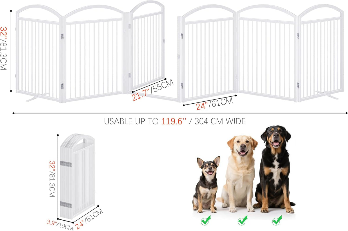 folding pet fence 144" wide, 32" tall,freestanding dog shown in use