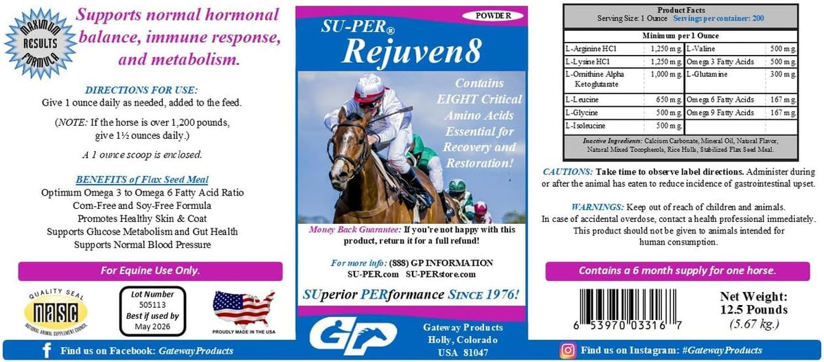 su-per rejuven8 supplement for horses, 12.5 pound powder shown in use