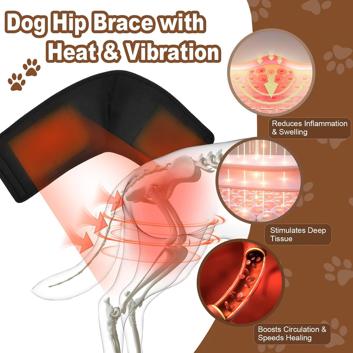 dog hip brace with heat & vibration, patent showing dimensions