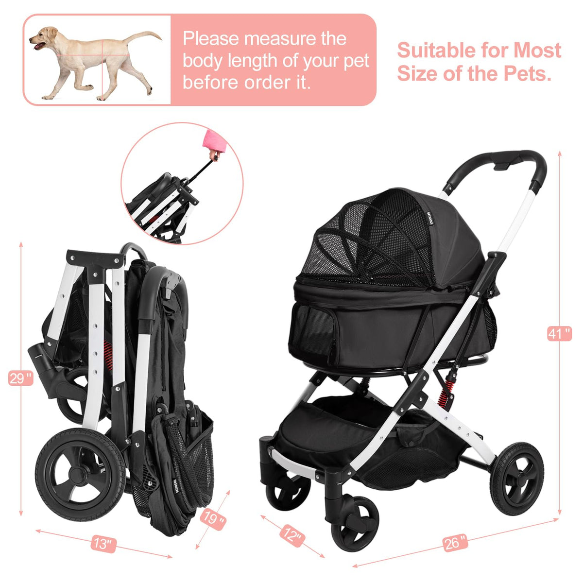 pet stroller for small dogs and cats, black shown in use