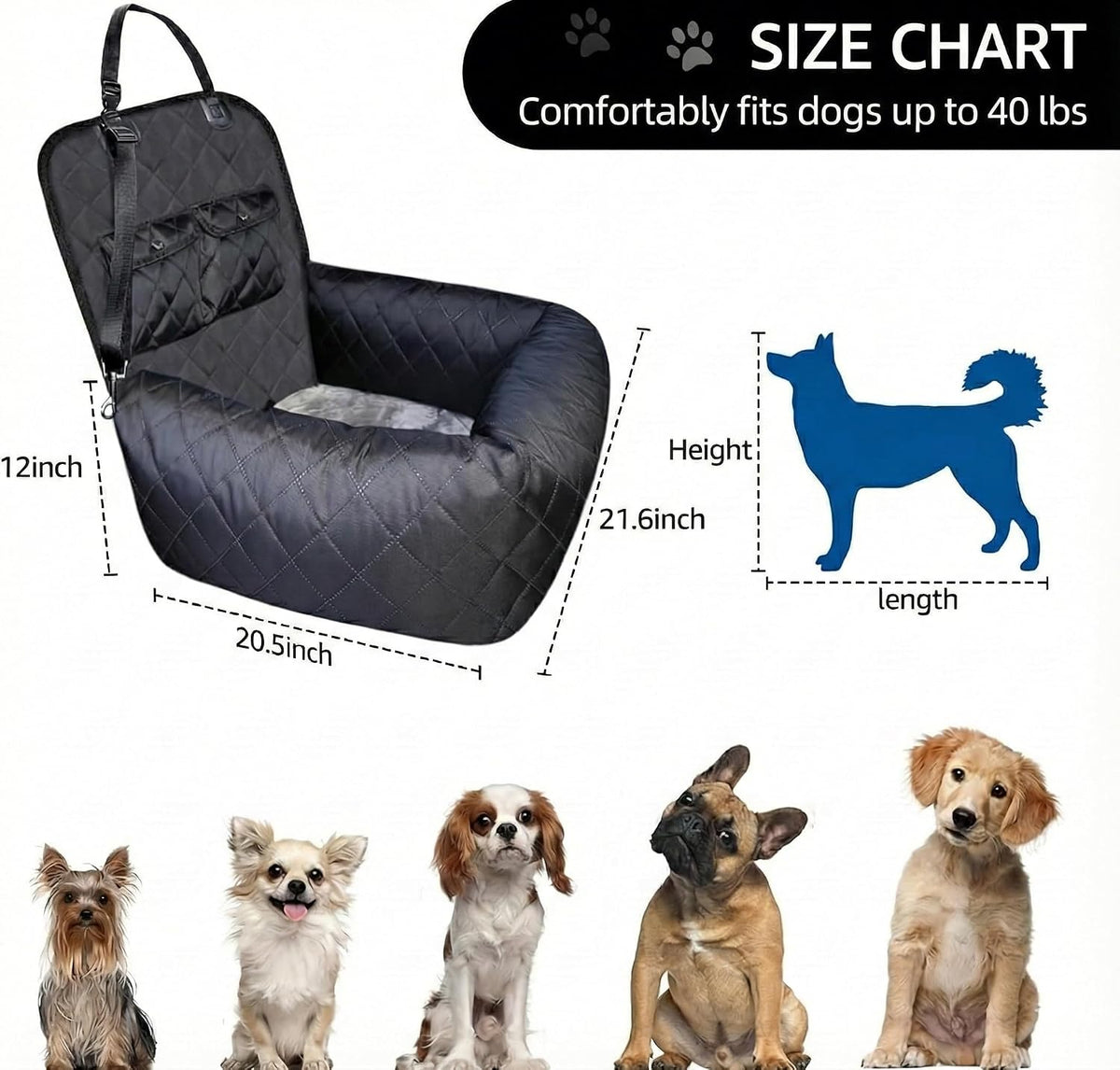 dog car seat for small & medium dogs showing dimensions