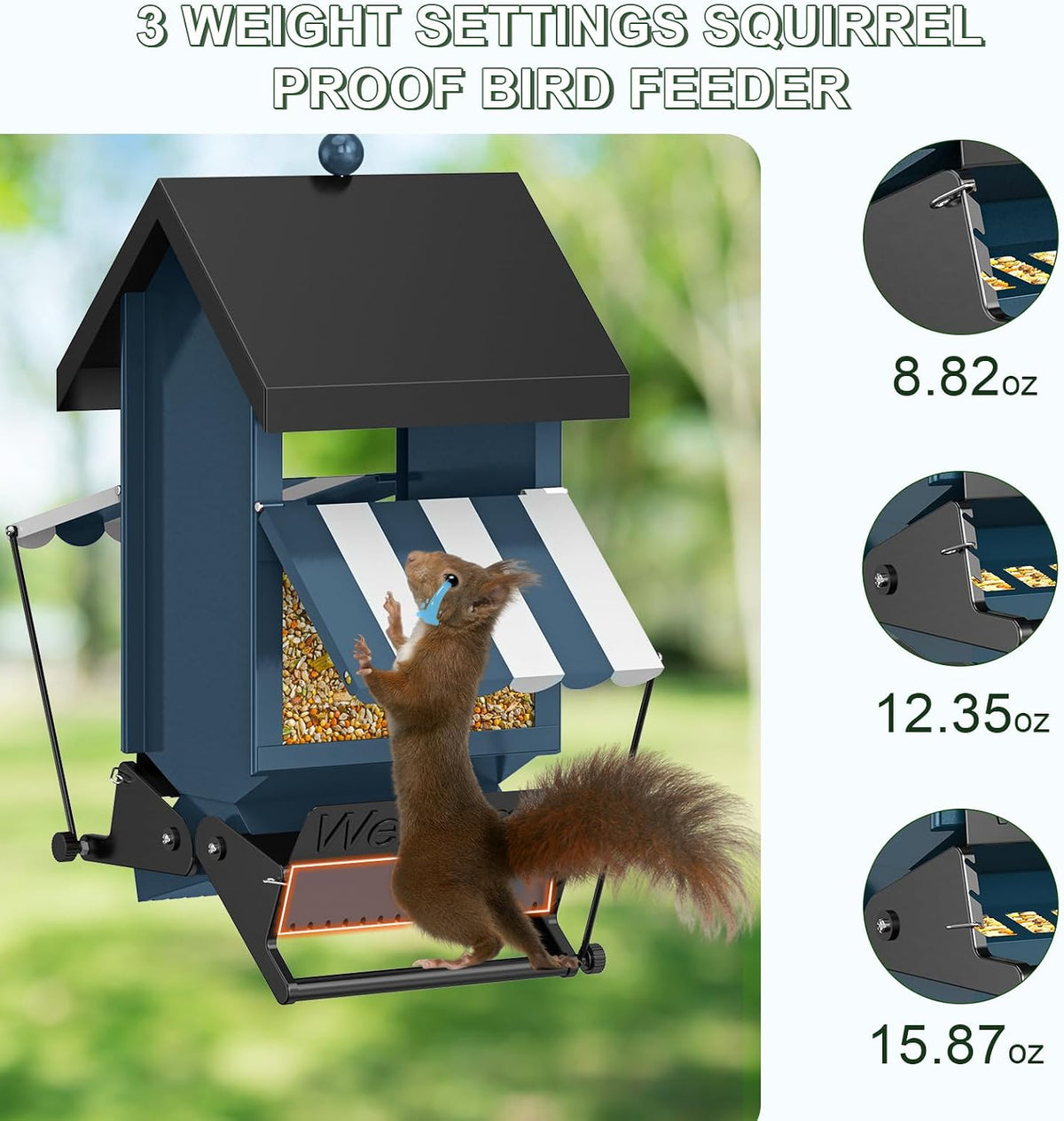 squirrel proof metal hanging bird feeder for outdoors shown in use
