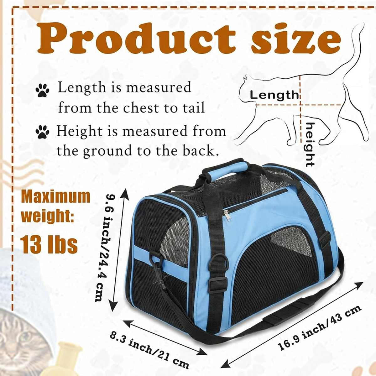 cat carrier 16.9 x 9.6 x 8.3 inch shown in use