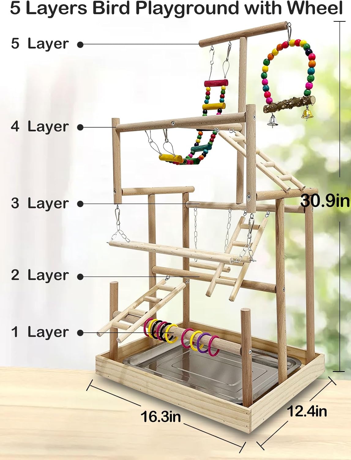 5 layers large bird playground natural wood parrot, side view