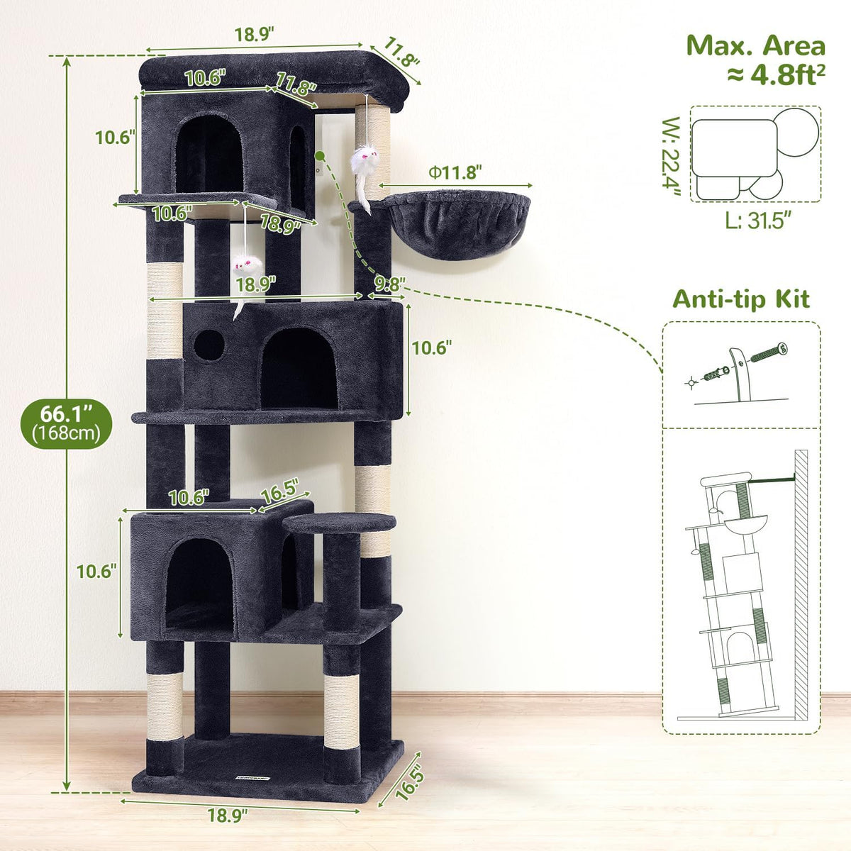 globlazer f66 corner cat tree, 66in multi-level climbing, package contents
