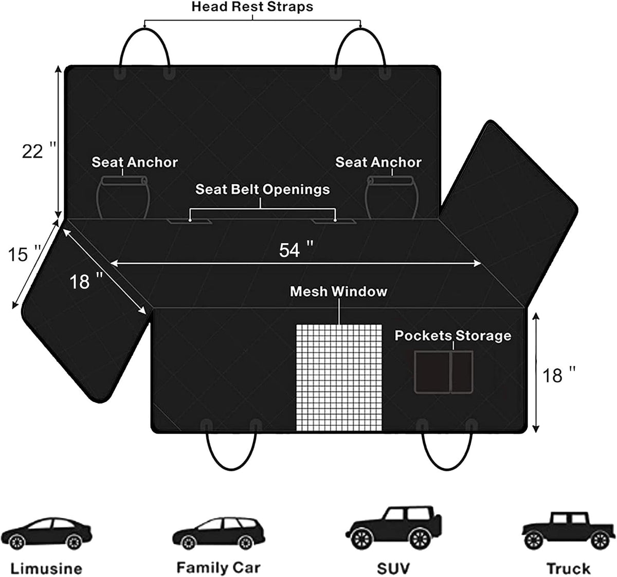 femuar dog car seat cover, waterproof nonslip pet showing dimensions