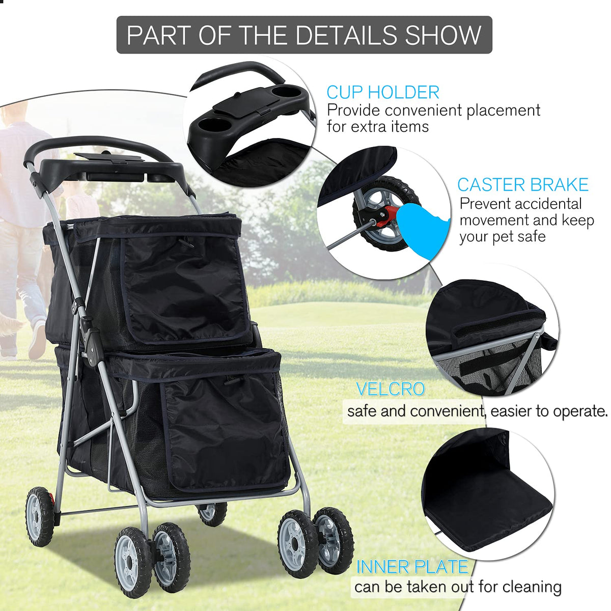 hcy double pet stroller for cats & dogs shown in use
