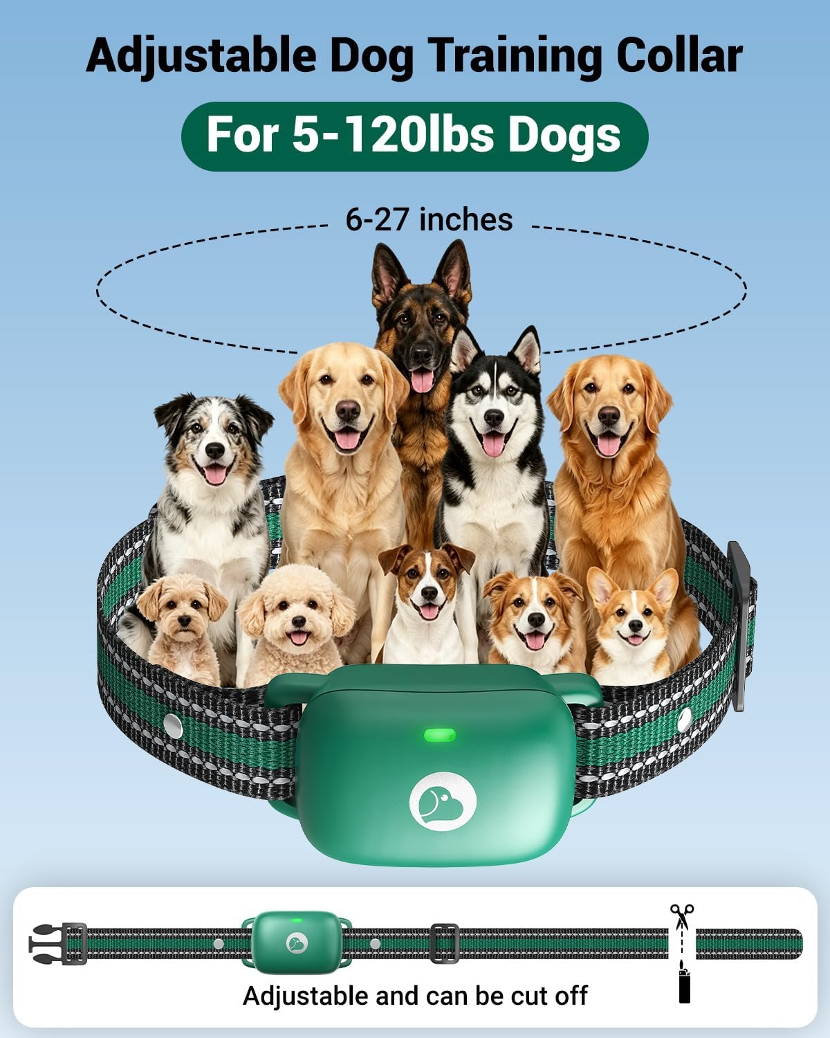 touch-screen dog shock collar, 2600ft range, ipx8 waterproof showing dimensions