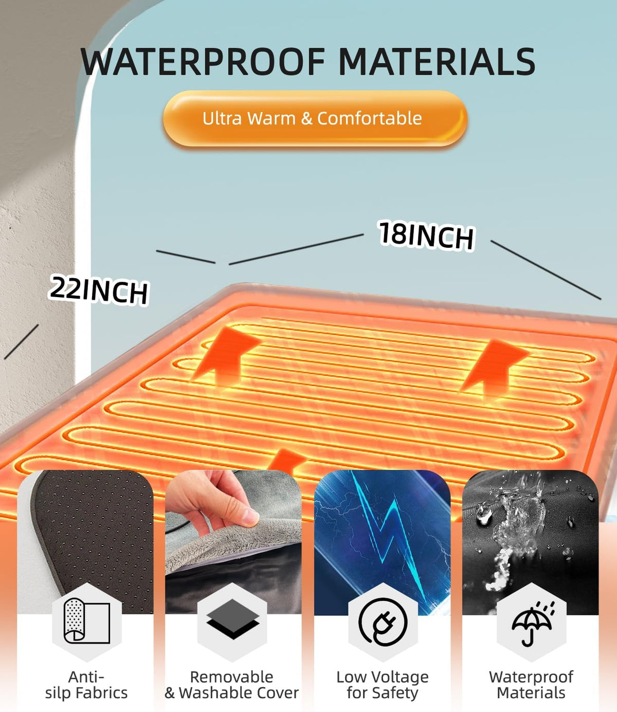 pressure activated pet heating pad 18 x 22,gravity showing dimensions