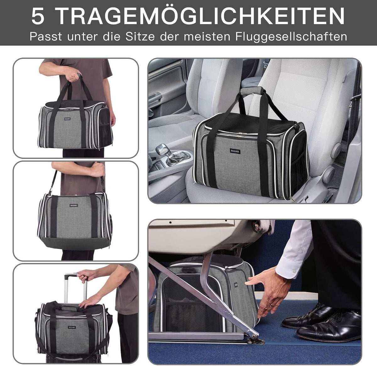 baglher expandable cat carrier with travel litter box showing dimensions