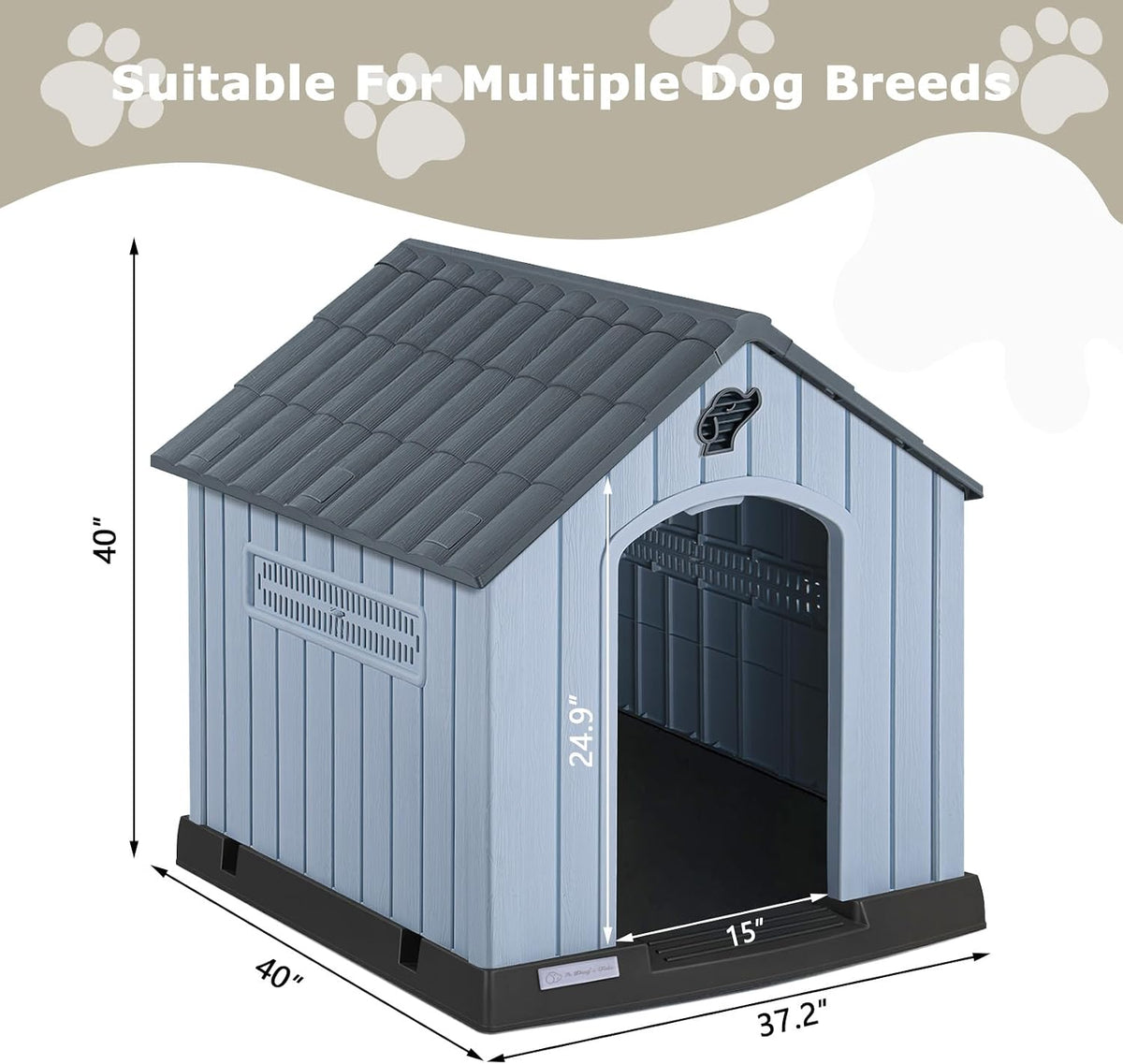 pukami large dog house outdoor indoor, plastic dog shown in use