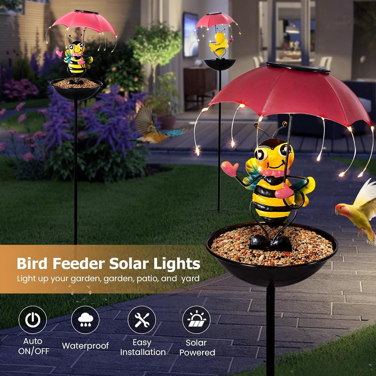 solar bird feeders for outdoors, bee garden decor, side view