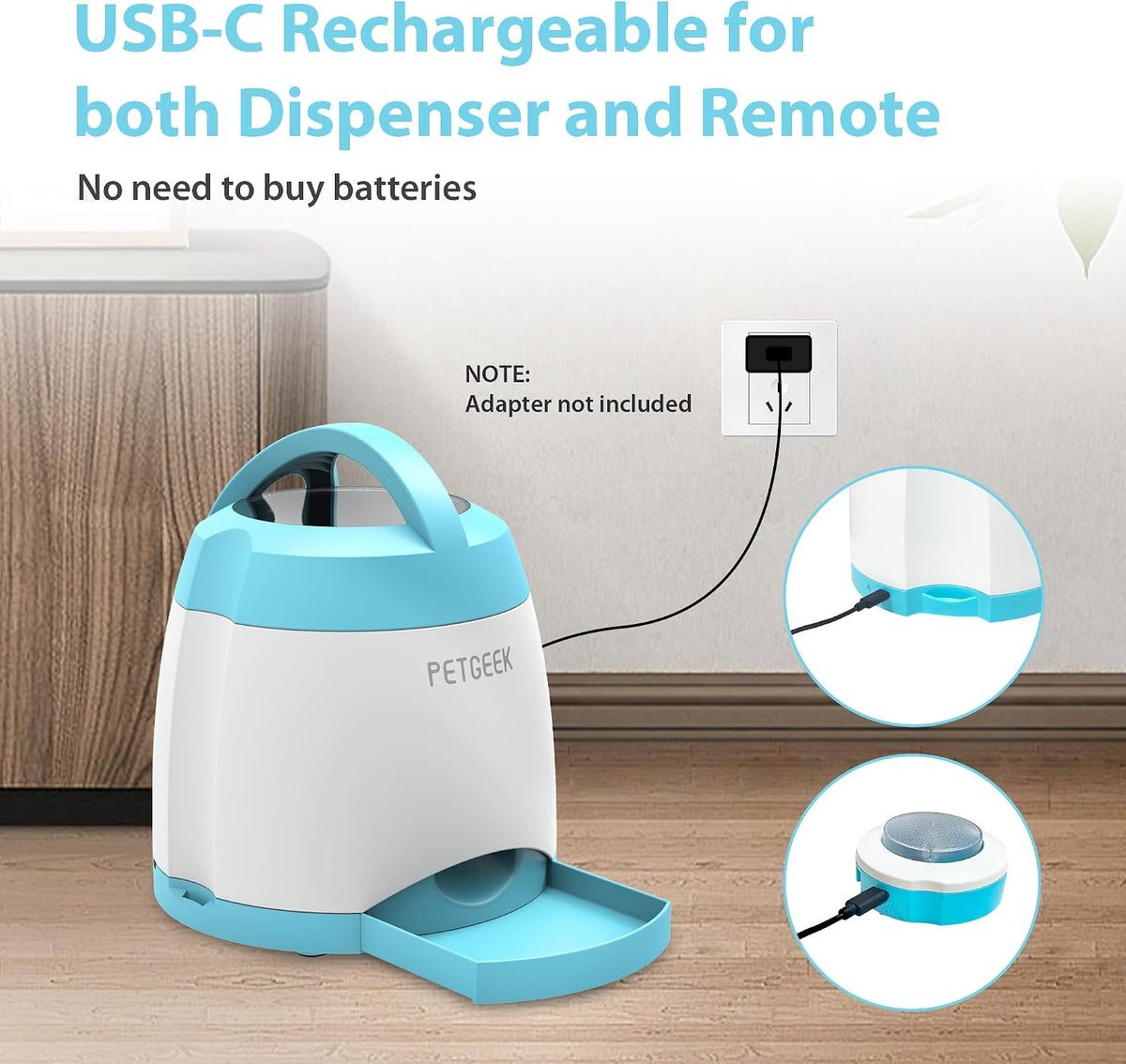 petgeek automatic dog feeder/treat dispenser with rechargeable button showing dimensions