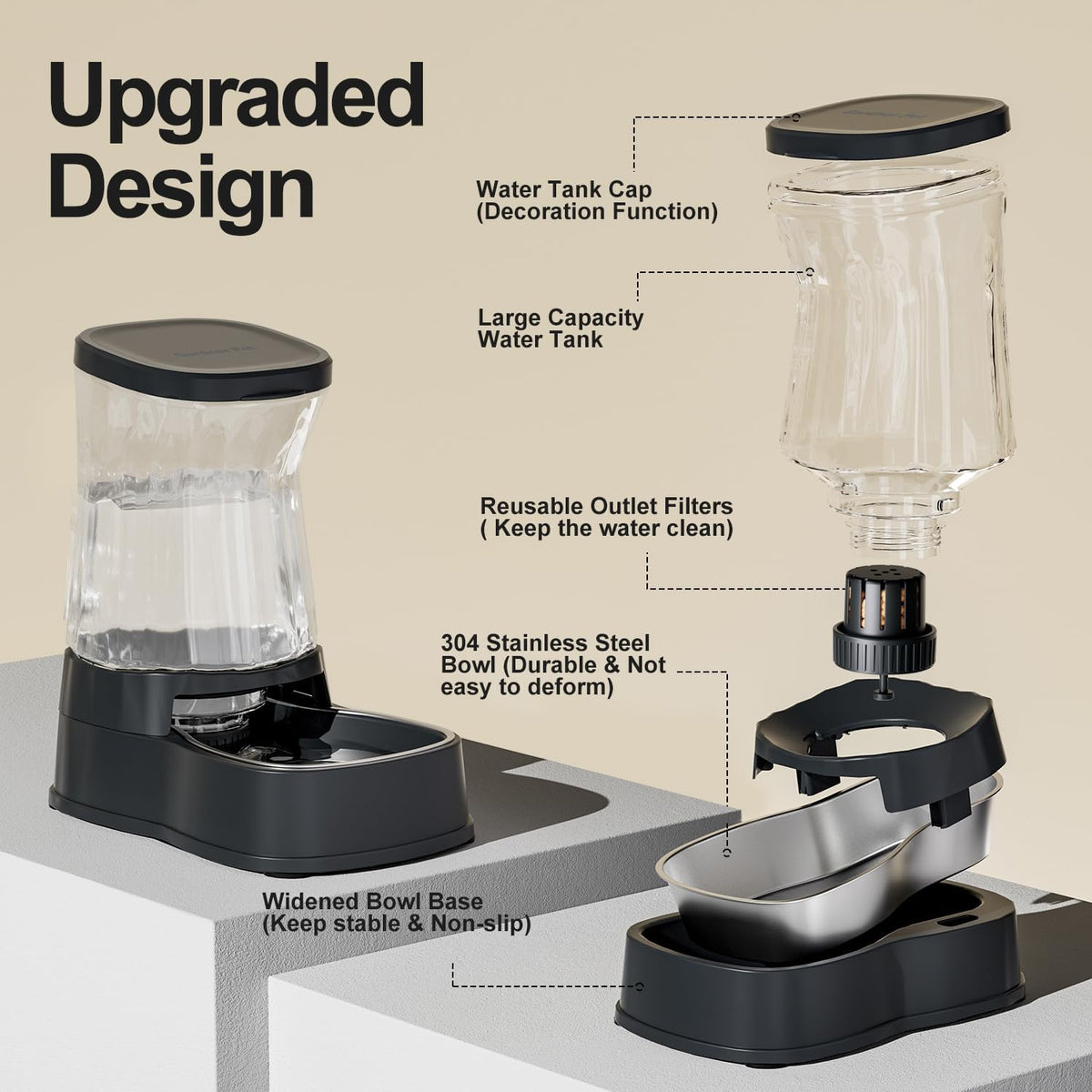 automatic dog water dispenser, stainless steel bowls feeder, side view