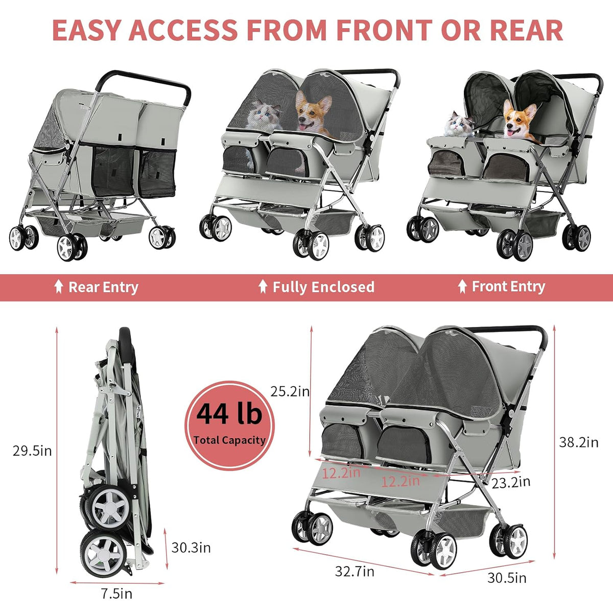 double pet stroller for 2 dogs & cats, front angle view