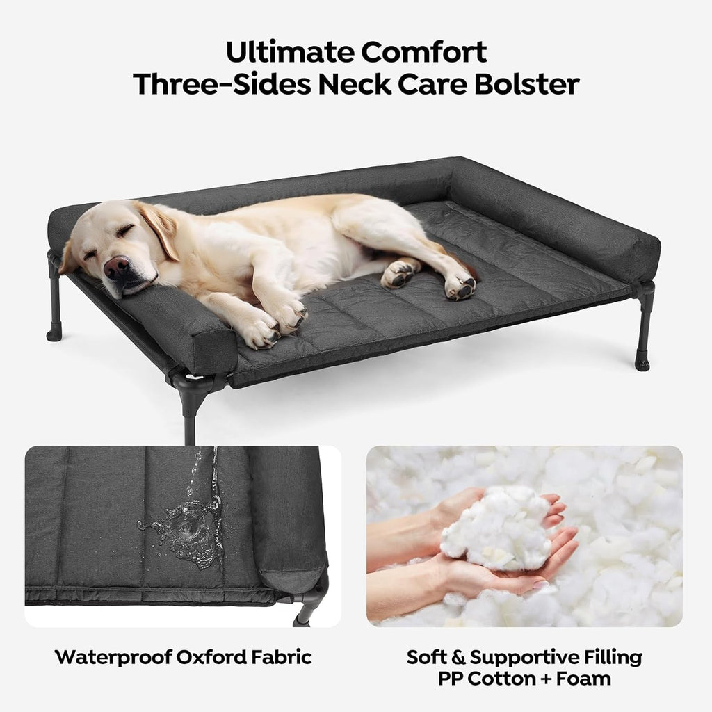 veehoo outdoor elevated dog bed with waterproof bolster, close-up detail
