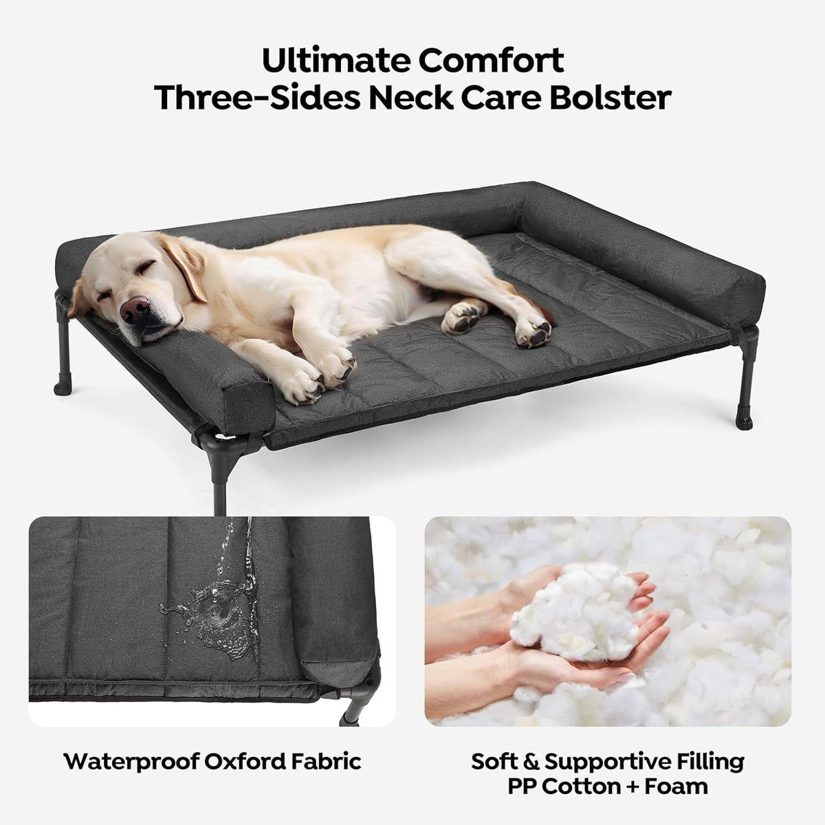 veehoo outdoor elevated dog bed with waterproof bolster, close-up detail