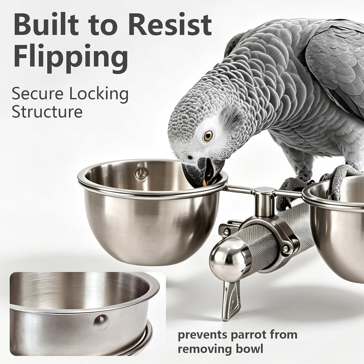 aotu snap-on anti-tip stainless steel bird food bowl, close-up detail