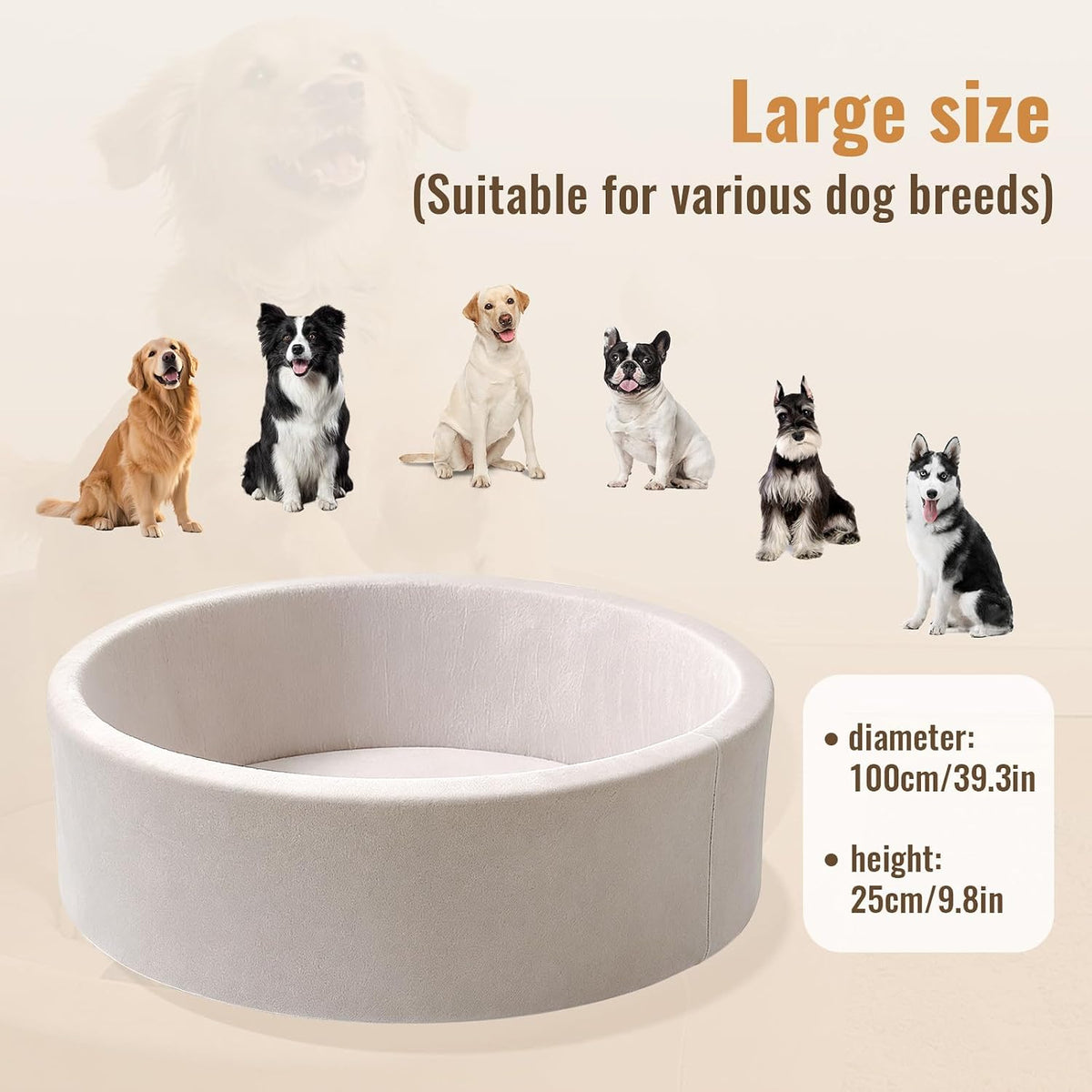 39 inch round dog bed ball pit, indoor, close-up detail