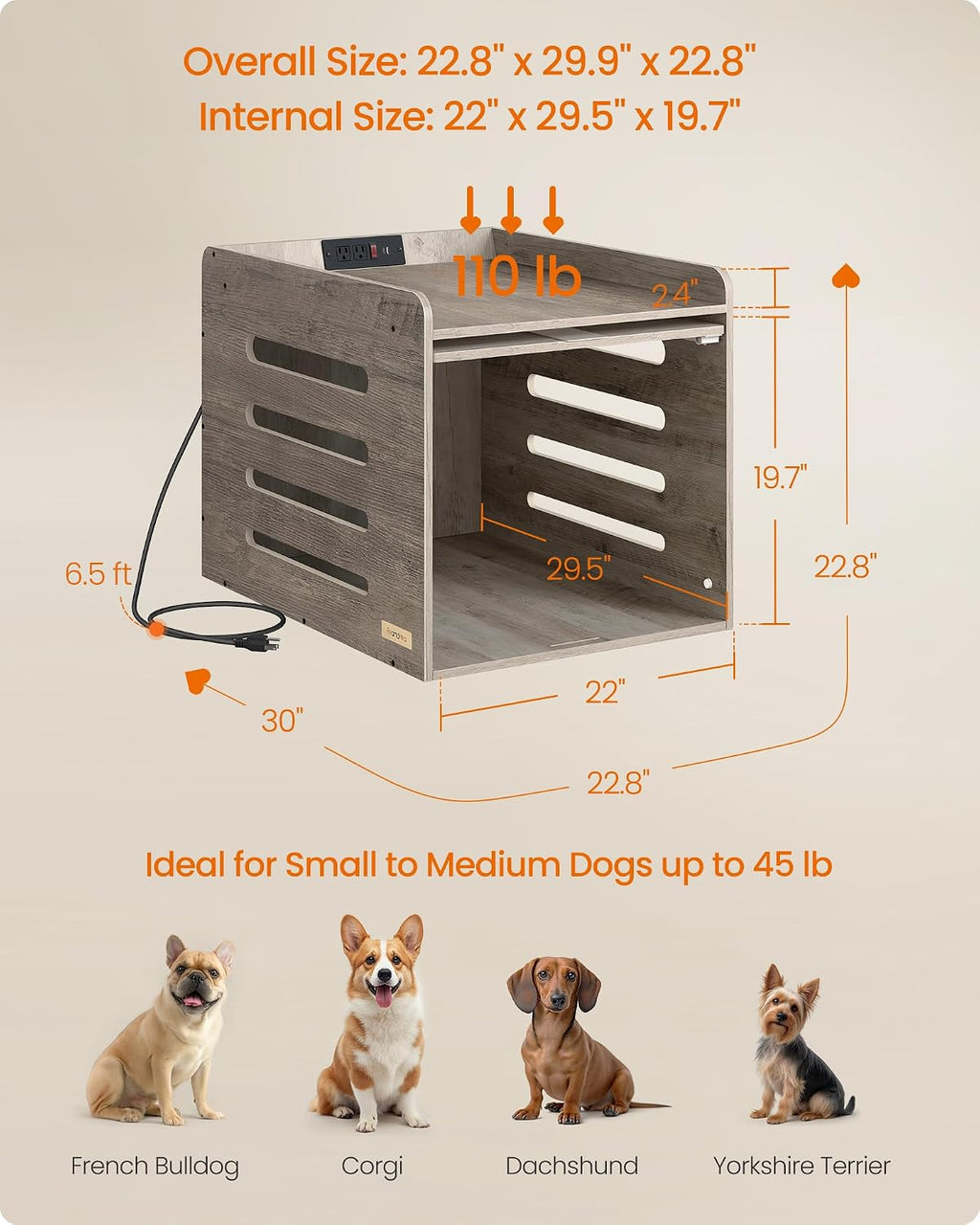 feandrea modern dog crate furniture, charging station, flip-up, side view