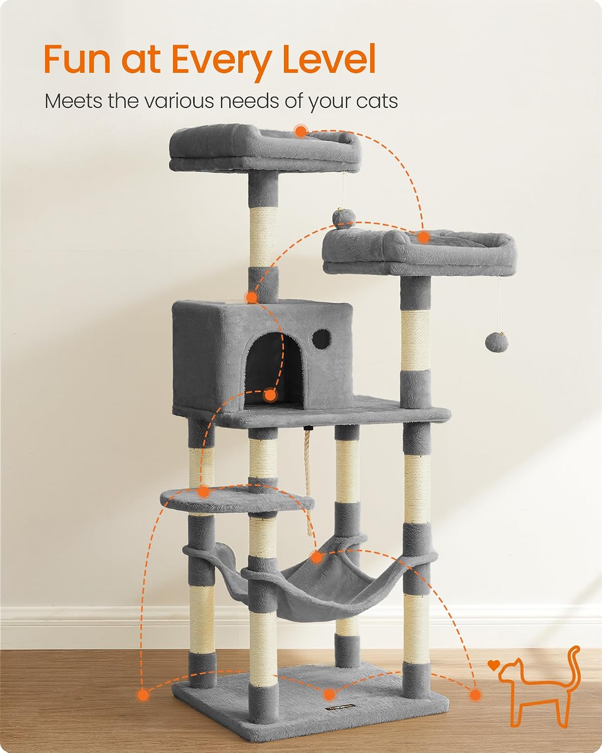 feandrea cat tree, 55.8-inch large cat tower, multi-level, close-up detail