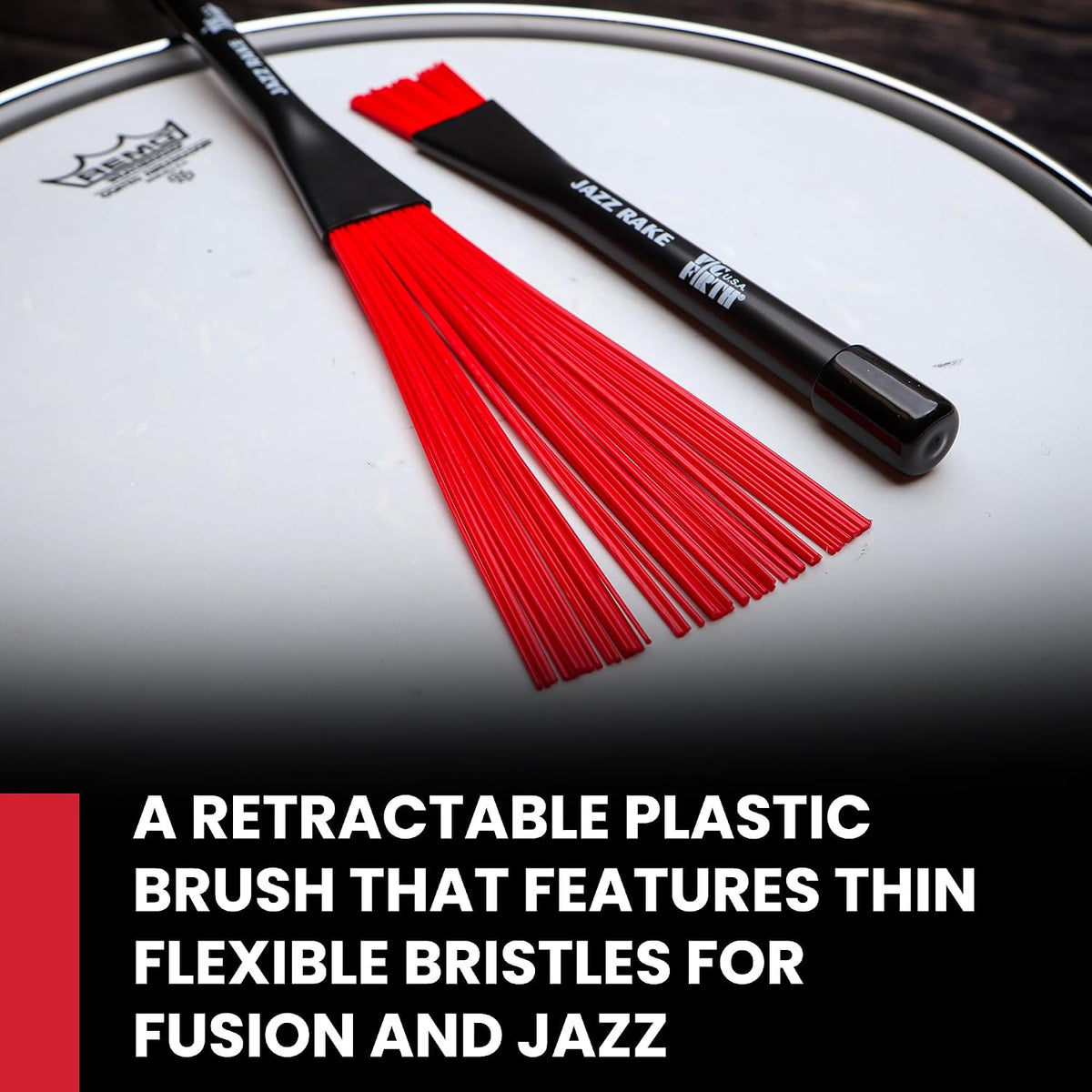 vic firth bjr jazz rake brush - red shown in use