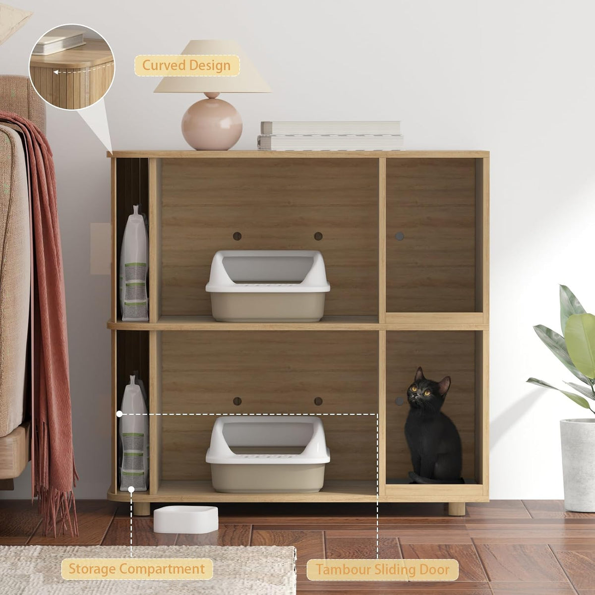 double cat litter box enclosure with sliding doors, side view